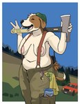 anthro areola armpit_hair axe beanie belly biped blue_sky body_hair border bottle breasts car carabiner clothed clothing container ear_piercing female hat headgear headwear hill holding_axe holding_object key keyring lesbian_pride_colors lgbt_pride navel nipples piercing plant pride_colors red_car sky slightly_chubby slightly_chubby_anthro slightly_chubby_female solo sticker suspenders topless tree vehicle water_bottle white_border oystr canid canine canis domestic_dog mammal colored digital_drawing_(artwork) digital_media_(artwork) hi_res portrait three-quarter_portrait