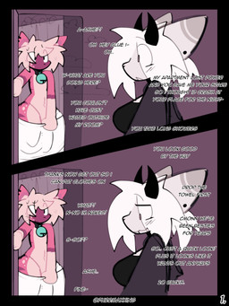 anthro bell bell_collar big_breasts blush breasts collar dialogue duo ear_piercing eye_contact female fur fur_markings genital_outline hair horn jingle_bell jingle_bell_collar looking_at_another male male/female markings piercing pink_body pink_fur tan_body tan_fur text thick_thighs towel towel_only white_body white_fur white_hair wide_hips purrmaxxing ashe_(purrmaxxing) glue_(purrmaxxing) domestic_cat felid feline felis mammal 3:4 comic english_text hi_res