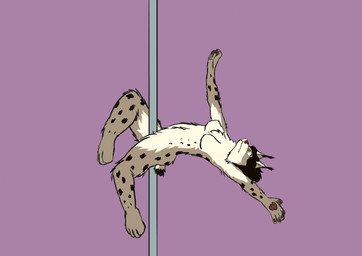 anthro brown_body brown_fur dancing dark_hair female fur markings pole pole_dancing simple_background solo spots spotted_body spotted_fur deltasnep felid feline felis lynx mammal hi_res