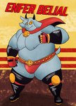 anthro belly bulge cape championship_belt clothing fur grey_body grey_fur horn male musclegut muscular nipples pecs solo wrestling_briefs yellow_sclera zac_impact kings_of_hell enfer_belial bovid caprine demon goat mammal absurd_res hi_res