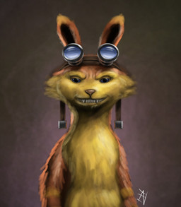anthro clenched_teeth ears_up evil_grin eyewear eyewear_on_head fangs front_view fur goggles goggles_on_head half-closed_eyes looking_at_viewer male narrowed_eyes smile smiling_at_viewer solo teeth ian-exe jak_and_daxter naughty_dog sony_corporation sony_interactive_entertainment daxter mammal mustelid ottsel 2022 half-length_portrait hi_res portrait