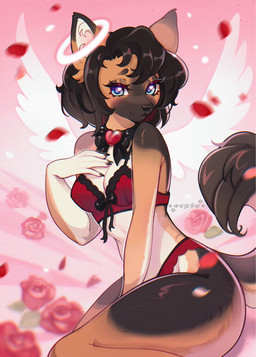 anthro black_body black_claws black_eyebrows black_hair black_nose blue_eyes blush bra breasts claws clothing eyebrows eyelashes female flower hair inner_ear_fluff multicolored_body orange_body panties plant red_bra red_clothing red_flower red_panties red_rose red_underwear short_hair sitting small_breasts snout solo tail tan_body tuft underwear wings cepto_(artist) canid canine canis domestic_dog german_shepherd herding_dog mammal pastoral_dog 2024 colored digital_drawing_(artwork) digital_media_(artwork) hi_res shaded