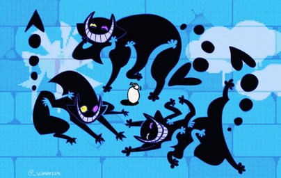 ambiguous_gender black_body brick_wall egg feral heterochromia smile solo surrealism teeth toony wall_(structure) seraph11m deltarune undertale_(series) friend_(deltarune) domestic_cat felid feline felis mammal hi_res