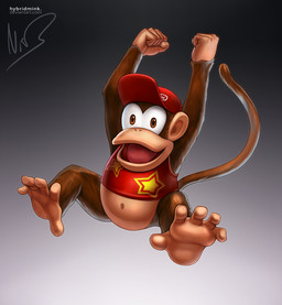 5_toes anthro barefoot biped brown_body brown_eyes brown_fur clothing conjoined_eyes feet fur grey_background hat headgear headwear male navel open_mouth prehensile_feet simple_background soles solo toes tongue hybridmink donkey_kong_(series) nintendo diddy_kong haplorhine mammal monkey primate signature