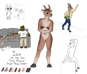 anthro bodily_fluids chest_tattoo chibi choker clothing digitigrade genitals hooves horn intersex jewelry male mastectomy_scar messenger_bag necklace nude_anthro posing_nude scar solo_focus tattoo tears text vulva otterwolfashe bovid caprine goat ibex mammal digital_media_(artwork) english_text hi_res model_sheet trans_(lore)