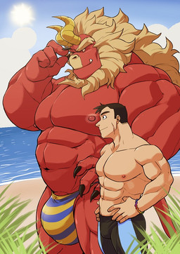 2_horns abs beach beard biceps big_muscles blonde_hair bulge clothing deltoids duo facial_hair hair horn huge_muscles male male/male musclegut muscular muscular_arms muscular_male muscular_thighs nipples pecs red_body red_skin size_difference smaller_human swimwear white_eyes othukimi gardie_(otukimi) kouhei_(otukimi) demon human humanoid mammal