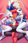 anthro big_breasts breasts female group harem harem_outfit looking_at_viewer male male/female sitting trio siamkhan nintendo pokemon fan_character ancient_pokemon generation_2_pokemon generation_7_pokemon generation_9_pokemon koraidon legendary_pokemon lugia paradox_pokemon pokemon_(species) salazzle digital_media_(artwork) hi_res