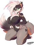 anthro big_breasts bra breasts cleavage clothed clothing female green_eyes hair heart_symbol mottled navel panties pawpads piebald simple_background solo underwear white_background white_hair slugbox katie_(echodiver) domestic_cat felid feline felis mammal tortoiseshell_cat hi_res