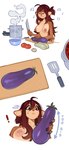 anthro big_breasts breasts brown_body brown_fur casual_exposure clothed clothing cooking cooking_pot eggplant female food fruit fur hair knife musical_note musical_symbol nipples plant red_hair solo spatula steam symbol tomato tools topless topless_anthro topless_female littlesheep melani_quart bovid caprine mammal sheep hi_res