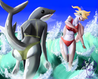 anthro back_dimples beach belly big_butt bikini bikini_bottom bikini_top black_eyes blonde_hair breasts brown_hands butt cleavage clothed clothing cloud countershade_butt countershade_face countershade_hands countershade_legs countershade_neck countershade_tail countershade_torso countershading dorsal_fin duo eyeliner facial_tuft fangs female fin fist fur gills grey_body grey_skin hair jumping looking_at_viewer makeup medium_breasts membrane_(anatomy) navel open_mouth playing pointy_ears ponytail prick_ears running sea seafoam_(water) sharp_teeth swimwear tail tan_body tan_fur teal_eyes teeth thick_thighs tongue tuft two-piece_swimsuit walking water wave webbed_hands wet wet_body wet_skin white_body white_fur white_hands white_skin wide_hips wig akiak-wolf amanda_cherkaouis_(akiak-wolf) pallada_(akiak-wolf) aquatic canid canine canis coyote fennec_fox fish fox great_white_shark hybrid mackerel_shark mammal shark true_fox white_shark absurd_res hi_res