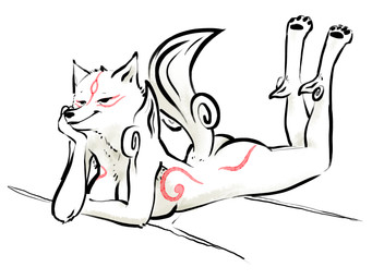 4_toes ankle_tuft anthro anthrofied arm_tuft armpit_hair big_breasts black_eyes black_lips black_nose body_hair breast_squish breasts eyebrows feet female fur head_on_hand hindpaw leg_tuft lips lying markings nude nude_female on_front pawpads paws red_markings removed_clothing shoulder_tuft smile smiling_at_viewer solo squish tail toes tuft white_body white_fur half_dime capcom okami_(capcom) amaterasu_(okami) canid canine canis mammal wolf 4:3 absurd_res hi_res