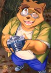 anthro belly bottomwear brown_body camera clothing detailed_background eyewear fingers glasses kemono leaf male outside overweight overweight_male pants shirt solo topwear mesidukainumaru morenatsu kounosuke_(morenatsu) canid canine mammal raccoon_dog tanuki 2024 absurd_res digital_media_(artwork) hi_res