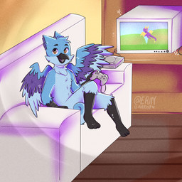 anthro controller electronics furniture game_controller gaming male on_sofa playing_video_game playstation_controller sitting sitting_on_sofa sofa solo spread_wings television text wings young erinraccoon activision mythology playstation sony_corporation sony_interactive_entertainment spyro_the_dragon kath_(kathgryph) avian gryphon mythological_avian mythological_creature 1:1 absurd_res english_text hi_res