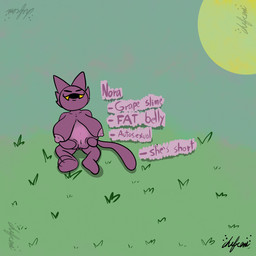 anthro belly belly_rub big_belly big_breasts breasts fangs female feral genitals hill huge_belly purple_body solo sun tail teeth text vulva chefrens nora_(chefrens) felid feline goo_creature hybrid mammal 1:1 hi_res