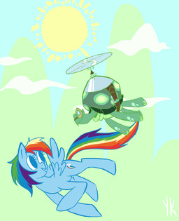 blue_body blue_eyes blue_feathers blue_fur cutie_mark duo feathered_wings feathers female feral flying fur hair male multicolored_hair multicolored_tail open_mouth rainbow_hair rainbow_tail shell sun tail wings dotorii friendship_is_magic hasbro my_little_pony mythology rainbow_dash_(mlp) tank_(mlp) equid equine mammal mythological_creature mythological_equine pegasus reptile scalie tortoise turtle hi_res