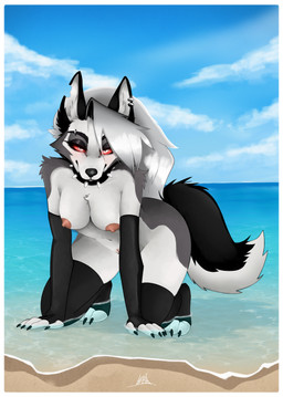 anthro beach border breasts clothing cloud collar ear_piercing ear_ring eyebrow_piercing eyebrows facial_piercing female glowing glowing_eyes hands_in_water inner_ear_fluff kneeling legwear legwear_only mostly_nude nipples partly_cloudy piercing red_eyes ring_piercing sand sea sky skyscape solo spiked_collar spikes stockings stockings_only tail tuft water wet_stockings white_border frayfur hellaverse helluva_boss mythology loona_(helluva_boss) canid canid_demon canine canis demon hellhound mammal mythological_canine mythological_creature wolf absurd_res hi_res