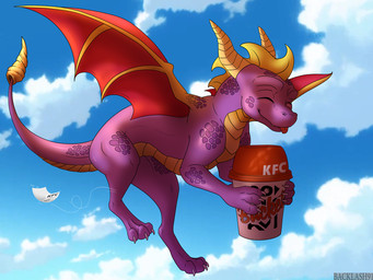 feral flying food horn kfc_bucket male purple_body receipt sky solo tail wings backlash91 conditional_dnp activision kfc mythology spyro_reignited_trilogy spyro_the_dragon spyro dragon mythological_creature mythological_scalie scalie 4:3 digital_media_(artwork) hi_res