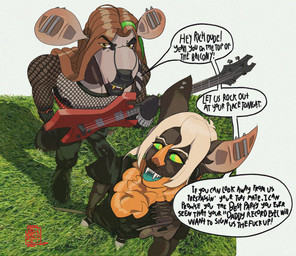 anthro bass_guitar bird's-eye_view black_clothing claws clothed clothing dialogue drumstick_(musical) duo ear_piercing fangs fishnet_clothing fishnet_topwear footwear grass guitar hair high-angle_view long_hair looking_at_viewer looking_up male male/male markings musical_instrument neck_tuft nipples open_mouth orange_hair piercing plant plucked_string_instrument rockstar shirt shoes simple_background smile speech_bubble standing string_instrument tail teeth text tongue tongue_out topwear tuft white_hair xdarkspace ravios stoven_(xdarkspace) bat kangaroo macropod mammal marsupial english_text hi_res