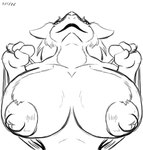 4_fingers areola big_breasts big_nipples breasts female fingers front_view looking_at_viewer looking_down low-angle_view nipples solo bigshow sergal 2022 monochrome herm_(lore)