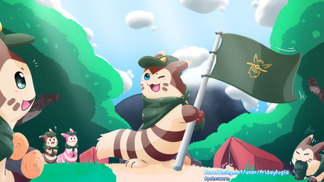 clothing eyes_closed feral flag group hat headgear headwear log one_eye_closed open_mouth outside question_mark scarf tent text wood fridaylugia nintendo pokemon furret generation_2_pokemon mammal mustelid pokemon_(species) shiny_pokemon 16:9 2021 hi_res widescreen