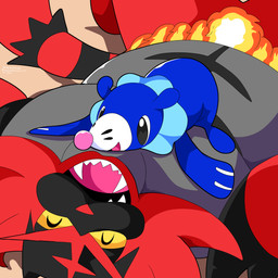 ambiguous_gender anthro black_eyes blue_body duo eyes_closed fangs feral fur happy lying lying_on_another markings multicolored_body on_front open_mouth red_body red_fur size_difference tail teeth tongue whisker_markings sleepy_sealion nintendo pokemon felid feline generation_7_pokemon incineroar mammal pokemon_(species) popplio 1:1 2026 absurd_res dated hi_res signature