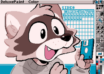 5_fingers anthro big_eyes black_nose clothed clothed_anthro clothed_male clothing countershade_face countershade_fur countershade_neck countershading cute_fangs eyebrows facial_markings fangs fingers floppy_disk fur grey_body grey_clothing grey_ears grey_fur grey_hair grey_sweater grey_topwear gui hair head_markings holding_object humanoid_hands inner_ear_fluff male male_anthro markings mask_(marking) multicolored_body multicolored_fur open_mouth open_smile short_hair smile solo sweater teeth three-quarter_view toony topwear tuft user_interface whisker_spots white_body white_countershading white_eyebrows white_fur white_inner_ear white_inner_ear_fluff raymodule deluxe_paint_(copyright) raymond_(raymodule) mammal procyonid raccoon bust_portrait cel_shading digital_drawing_(artwork) digital_media_(artwork) pixel_(artwork) portrait shaded