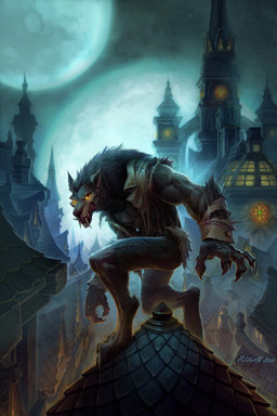 anthro black_body black_fur building city clothing detailed_background digitigrade full_moon fur glowing glowing_eyes implied_transformation male moon muscular muscular_male night outside solo standing torn_clothing tower john_polidora blizzard_entertainment mythology warcraft canid canine mammal mythological_canine mythological_creature werecanid werecanine werecreature werewolf worgen 2010 2:3 book_cover cover hi_res official_art