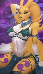 anthro arms_above_head bikini blue_eyes breasts clothing dipstick_tail female fur looking_at_viewer markings medium_breasts pose solo swimwear tail tail_markings two-piece_swimsuit yellow_body yellow_fur yin_yang ibbyty20 refegi bandai_namco digimon canid canine digimon_(species) mammal renamon animated hi_res high_framerate no_sound short_playtime webm