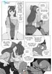 2018 anthro anthrofied apple_bloom_(mlp) blush breasts cleavage clothed clothing comic dialogue dragon ellipsis english_text equid equine female flirting friendship_is_magic hasbro hi_res horse low-angle_view male mammal monochrome my_little_pony mythological_creature mythological_scalie mythology nervous on_top pia-sama pony scalie simple_background speech_bubble spike_(mlp) text url