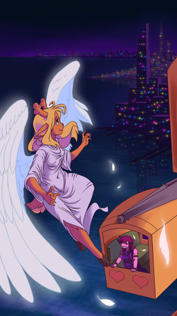 amusement_ride anthro antlers barefoot biped blonde_hair bracelet breasts brown_body brown_fur city cityscape clothed clothing cloven_hooves duo feathered_wings feathers feet female ferris_wheel flying fur green_eyes hair hair_over_eye hooves horn jewelry lens_flare night nipple_outline one_eye_obstructed outside pink_body pink_skin robe scut_tail short_tail smile studded_armlet studded_bracelet studded_jewelry studs tail white_wings wings plagueofgripes deltarune undertale_(series) noelle_holiday susie_(deltarune) angel deer mammal new_world_deer reindeer scalie 2021 9:16 absurd_res hi_res