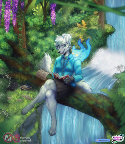 anthro barefoot book boots bottomwear clothed clothed_anthro clothing discarded_footwear fall_tree feet female fingerless_gloves footwear forest fully_clothed fully_clothed_anthro gloves hair handwear jacket jungle plant reading reading_aloud shoes short_hair sitting skirt smile solo text three-quarter_view tome topwear tree waterfall xpuppykittyzx canid canine fox mammal spirit 2025 detailed english_text hi_res