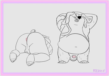 1_eye amputee anthro anus backsack balls belly buried_penis cybernetics disability eye_patch eyewear flaccid genitals machine male missing_arm navel overweight overweight_male penis solo feeosh cartoon_network mao_mao:_heroes_of_pure_heart badgerclops badger cyborg mammal mustelid musteline line_art