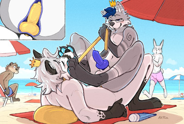 anal anal_knotting anal_penetration animal_genitalia animal_penis anthro balls beach beach_background beach_towel beach_umbrella being_watched blue_eyes blue_hair blue_knot blue_pawpads blue_penis butt bystander canine_genitalia canine_penis collar cowgirl_position crown duo erection feet foot_fetish foot_in_mouth foot_play from_front_position fur genitals grey_body grey_fur grey_hair hair headgear knot knotted_penis knotting leash leashed_collar looking_at_another male male/male male_penetrated male_penetrating male_penetrating_male nude on_bottom on_top parasol pawpads paws penetration penile penile_penetration penis public public_sex sea sex sex_on_the_beach sheath smile smirk towel water white_body white_fur yellow_knot yellow_penis ak1ta_one benjamin_blue hexi arctic_fox canid canine canis fox mammal true_fox wolf hi_res