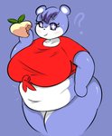 anthro belly big_belly big_breasts big_butt bottomless breasts butt clothed clothing curvy_figure deep_navel eating female hand_on_hip looking_at_viewer navel overweight overweight_anthro overweight_female question_mark solo sparkles sparkling_eyes thick_thighs wide_hips plantedpot animal_crossing nintendo judy_(animal_crossing) bear mammal peach_(disambiguation) absurd_res hi_res unavailable_at_source