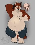 after_vore anthro anthro_pred belly big_belly bodily_noises bone bottomwear brown_body brown_fur clothed clothing content_smile death digestion digestion_noises fatal_vore fur hand_on_belly happy lying male navel on_back onomatopoeia overweight overweight_anthro overweight_male pants pecs pose red_body red_fur rumbling_stomach shirtless shirtless_male simple_background skull smile solo sound_effects tail text vore weight_gain zopilotemenu echo_(game) echo_(series) echo_project leo_alvarez canid canine canis mammal wolf 2025 colored digital_drawing_(artwork) digital_media_(artwork) hi_res watermark