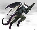 anthro ar-15 ar_platform bottomwear clothed clothing digitigrade fully_clothed gradient_background gun hoodie horn male open_mouth pants ranged_weapon simple_background solo tail topwear weapon wings pgm300 mythology dragon mythological_creature mythological_scalie scalie 2022 digital_media_(artwork) hi_res shaded signature