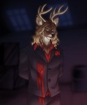 angry anthro antlers blood blood_on_clothing bloody_hand_print bodily_fluids brown_body brown_fur clothing fur hair hands_behind_back horn inner_ear_fluff long_hair looking_down male pocket_square solo suit tuft wavy_hair flaviomodezto strays_in_paradise alfredo_reyundo_(li'l_melon) deer mammal 5:6 absurd_res hi_res