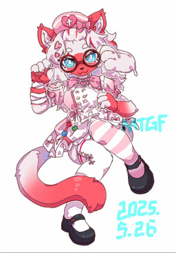 4_fingers accessory anthro biped blue_eyes breasts claws clothed clothing countershade_face countershading dipstick_tail eyebrows eyewear female fingerless_(marking) fingerless_gloves_(marking) fingers footwear fully_clothed fur glasses gloves_(marking) goo_drip hair hair_accessory hat headgear headwear highlights_(coloring) legs_together legwear looking_at_viewer markings midair paws pupils red_body red_countershading red_ears red_fur red_highlights red_markings red_tail_tip shoes simple_background smile socks solo tail tail_markings text unusual_anatomy unusual_limb white_background white_body white_eyebrows white_fur white_hair white_inner_ear white_pupils xiao_lijun strawberry_(potatoximon) domestic_cat felid feline felis mammal 2025 artist_name colored dated hi_res