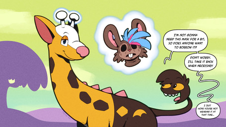 antlers blue_eyes brown_body buckteeth dialogue fur hollow_eyes horn levitating_object markings mask pink_nose psychic_powers sharp_teeth smile smiling_at_viewer solo speech_bubble spikes spikes_(anatomy) spots spotted_body spotted_fur teeth text yellow_body trevor-fox nintendo pokemon kyp_(character) trevor-fox_(character) generation_2_pokemon girafarig mammal mouse murid murine pokemon_(species) rodent english_text hi_res