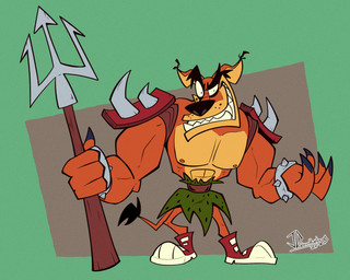 abs anthro biceps big_muscles bottomwear bracelet claws clothing evil_grin eyebrows footwear fur grin jewelry loincloth male muscular muscular_anthro muscular_male nipples orange_body orange_fur pecs pitchfork pose sharp_teeth shoes shoulder_pads smile solo spiked_bracelet spiked_shoulder_pads spikes tail tail_tuft tan_body tan_fur teeth thick_eyebrows tools tuft weapon jd_virushunter activision crash_bandicoot_(series) tiny_tiger dasyuromorph mammal marsupial recently_extinct_species thylacine 2025 5:4 hi_res