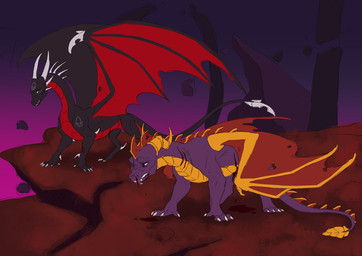 black_body blood blood_in_mouth bodily_fluids claws duo female feral horn male membrane_(anatomy) membranous_wings multi_horn nosebleed purple_body scar tail teeth wings worried wounded krysiilys activision mythology spyro_the_dragon cynder spyro dragon mythological_creature mythological_scalie scalie 2017 digital_media_(artwork)