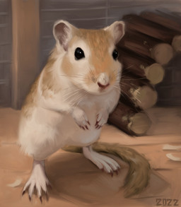 ambiguous_gender black_eyes cage claws feral fluffy fur in_cage log long_tail red_nose solo tail tan_body tan_fur whiskers white_body white_fur wood alexpahomov gerbil mammal murid rodent 2022 hi_res
