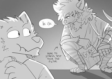 anthro big_hair clothing crouching dialogue drawing_(object) duo eating eye_contact female food hair holding_drawing holding_drawing_pen legwear looking_at_another mostly_offscreen_character prosthetic prosthetic_arm prosthetic_limb sandwich_(food) speech_bubble text thigh_highs torn_clothing wacom_pen pankallisti team_fortress_2 valve circe_(pankallisti) mammal murid murine rat rodent english_text greyscale hi_res monochrome sketch