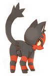 anus balls black_body black_fur feral fur genitals looking_at_viewer looking_back male raised_tail rear_view red_body red_eyes red_fur red_stripes simple_background solo stripes tail white_background kuroisumi nintendo pokemon felid feline generation_7_pokemon litten mammal pokemon_(species)