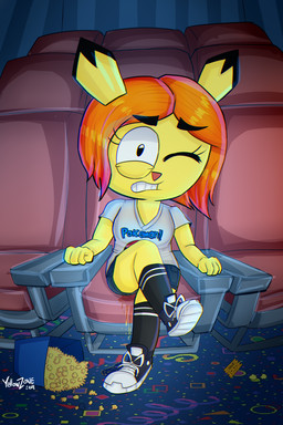 anthro biped black_clothing black_footwear black_socks bodily_fluids clothing crossed_legs female food footwear front_view genital_fluids hair king movie_theater omorashi peeing popcorn royalty sitting socks solo urine wetting worried yellowzonemx nintendo pokemon fan_character leslie generation_2_pokemon pichu pokemon_(species) 2:3 absurd_res hi_res