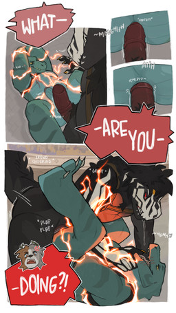 anal anal_penetration angry anthro arena arm_markings arms_tied balls bdsm black_body black_feathers bodily_fluids bondage bound butt claws clothed clothing colosseum confusion cross-popping_vein crotch_tuft crowd cutaway cyrus_(saint_sol) dialogue dominant dominant_male duo electricity electricity_manipulation elemental_manipulation exclamation_point expression_cutaway facial_markings facial_scar feathers finger_in_mouth from_front_position frottage fur genitals gladiator golden_claws gradient_penis green_body green_skin grey_body grey_feathers group growling grunting hair hands_behind_head harness head_markings jewelry kneeling laurel_wreath lightning looking_at_another lying lying_on_ground male male/male markings mating_press medial_ring moan multicolored_body multicolored_fur multicolored_hair multicolored_penis muscular neck_tuft on_ground onomatopoeia open_mouth partially_clothed pecs penetration penile penis penises_touching plap public public_sex red_sclera restraints rope rope_bondage rope_harness saliva saliva_string scales scar sex smile sound_effects speech_bubble spread_legs spreading straps stretched_anus submissive submissive_male tail tattoo teeth text thick_penis throbbing throbbing_penis toe_claws tongue tuft two_tone_body vein veiny_penis warrior white_markings yellow_body yellow_eyes yellow_feathers yellow_sclera assparagus allosaurid allosauroid allosaurus canid canine crocodilian dinosaur kaprosuchus mammal prehistoric_species reptile saurischian scalie theropod absurd_res comic hi_res