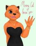 anthro black_eyes breasts clothing dress eyelashes female fur gesture heart_symbol jewelry looking_at_viewer necklace one_eye_closed open_mouth orange_body orange_fur simple_background solo standing text waving wink sparklingbatman cool_cat_(series) momma_cat domestic_cat felid feline felis mammal 2019 english_text hi_res