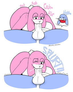 anthro balls bedroom_eyes big_breasts blue_body blue_fur bodily_fluids breasts cum cum_in_mouth cum_inside duo ejaculation eyes_closed female fur genital_fluids genitals half-closed_eyes looking_down looking_pleasured lying male male/female motion_lines narrowed_eyes one_eye_closed open_mouth oral oral_penetration penetration penis pink_body pink_fur seductive simple_background sweat thick_thighs vein veiny_penis whiskers white_background wide_hips hoodie_stalker lagomorph leporid mammal rabbit hi_res incest_(lore)