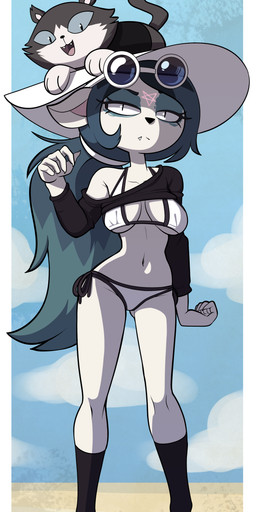 anthro bikini black_clothing black_shirt black_topwear blue_hair border breasts clothed clothed_feral clothing cloud digitigrade duo eyeshadow female feral footwear hair hat headgear headwear long_hair makeup male navel occult_symbol outside pentagram shirt side-tie_bikini sky socks string_bikini sun_hat swimwear symbol tied_hair toeless_footwear toeless_socks topwear two-piece_swimsuit white_bikini white_border white_clothing white_swimwear barryfactory cartoon_hangover the_summoning claire_(the_summoning) edgar_(the_summoning) domestic_cat felid feline felis mammal 2024 absurd_res full-length_portrait hi_res portrait