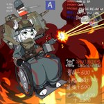 anthro battlefield bottomwear clothed clothed_anthro clothed_female clothing fur green_eyes group gun hair male pants ranged_weapon sharp_teeth shirt shooting sitting smile teeth topwear vehicle weapon wheelchair white_body white_face white_fur white_hair chinya canid mammal 1:1 hi_res